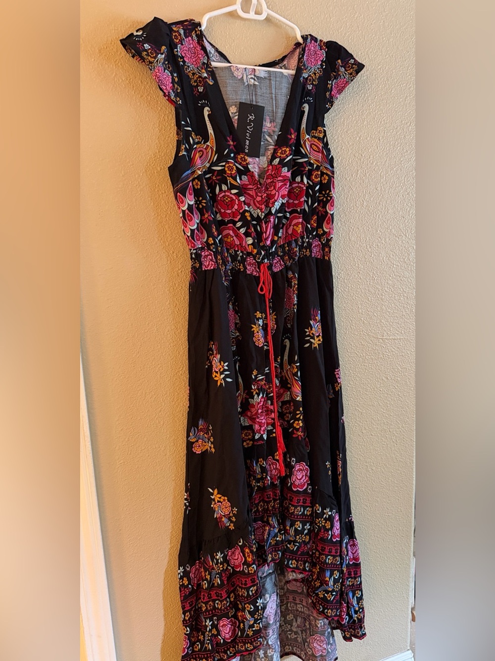 Black Floral Maxi Dress with Pink & Red Accents